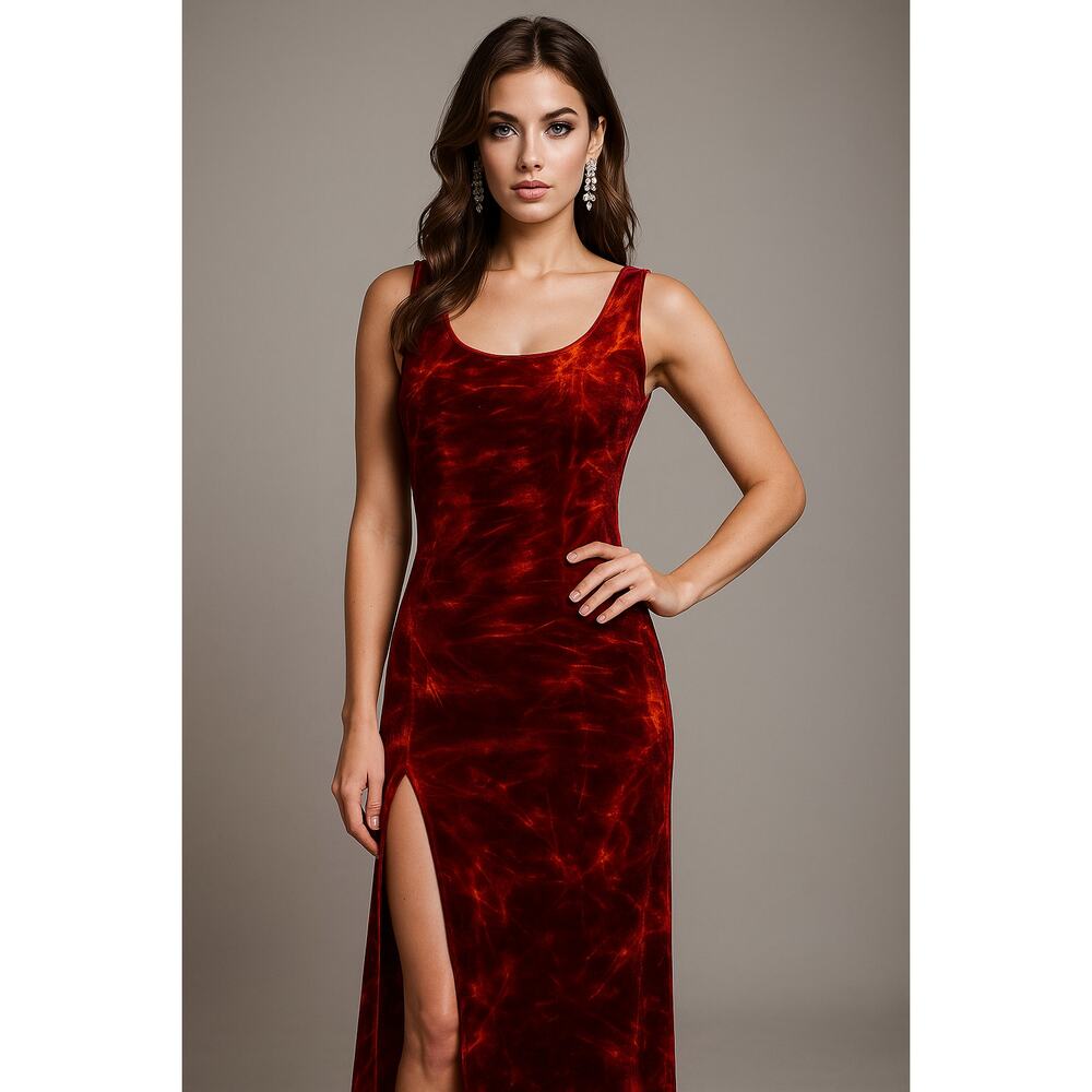 Vintage 90s Y2K Fairy Grunge Red Flame Velvet Whimsigoth Slit Dress (Size M)